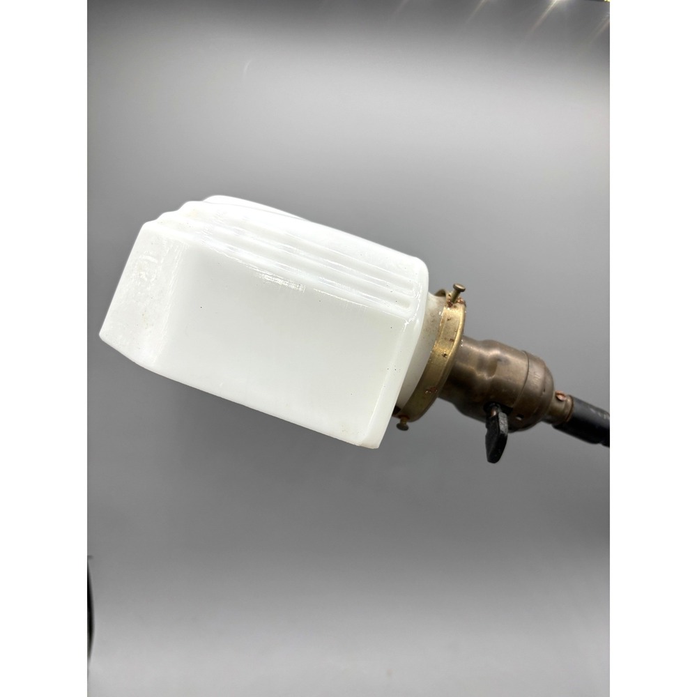 Vintage Art Deco Gooseneck Desk Lamp Cast Metal Shell Base Milk Glass Step Shade - Picture 3 of 9